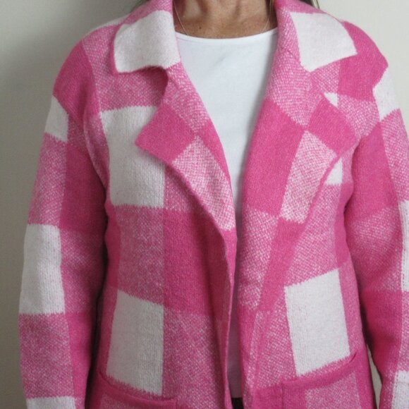 Women's Plaid Knit Coatigan Sweater Jacket Fuchsia Pink with Front Pockets NWT - Picture 3 of 8